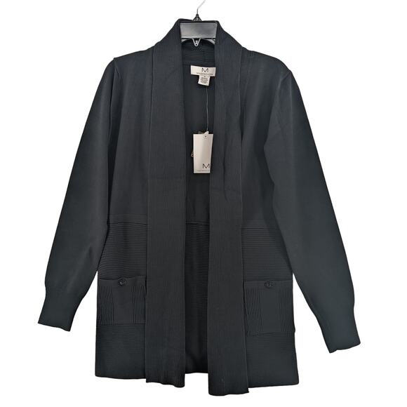Magaschoni Open Front Cardigan Small Black Ribbed Knit Long Sleeve Front Pockets - Picture 1 of 12